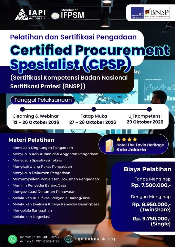 📢 Pelatihan dan Sertifikasi Kompetensi Pengadaan BNSP CPSP - Jakarta